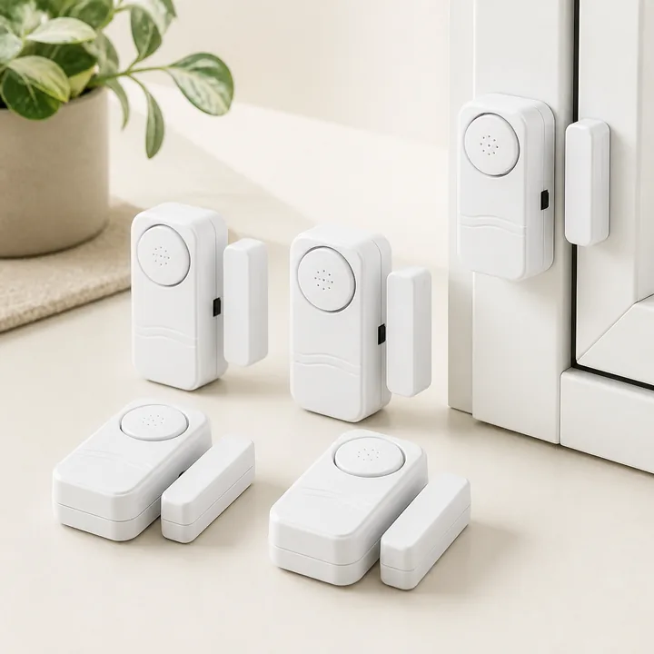 Door and window alarm sensors on a white frame